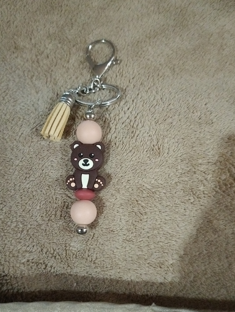 Bear Bead Keychain with Pink Accents and Tassel